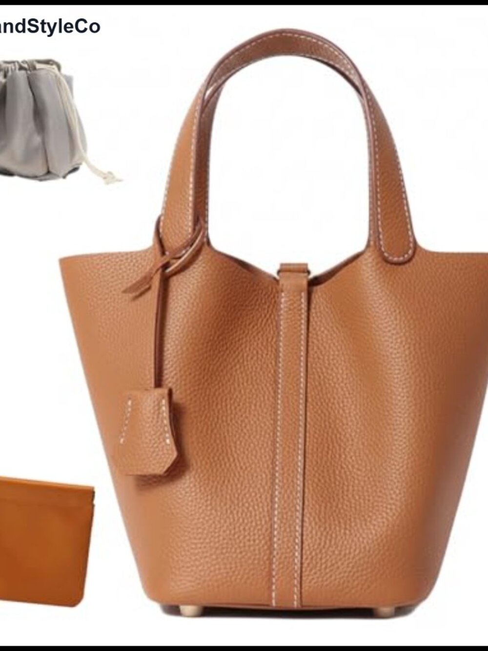 Genuine Leather Bucket Bag Top-Handle Satchel Handbag with Lock